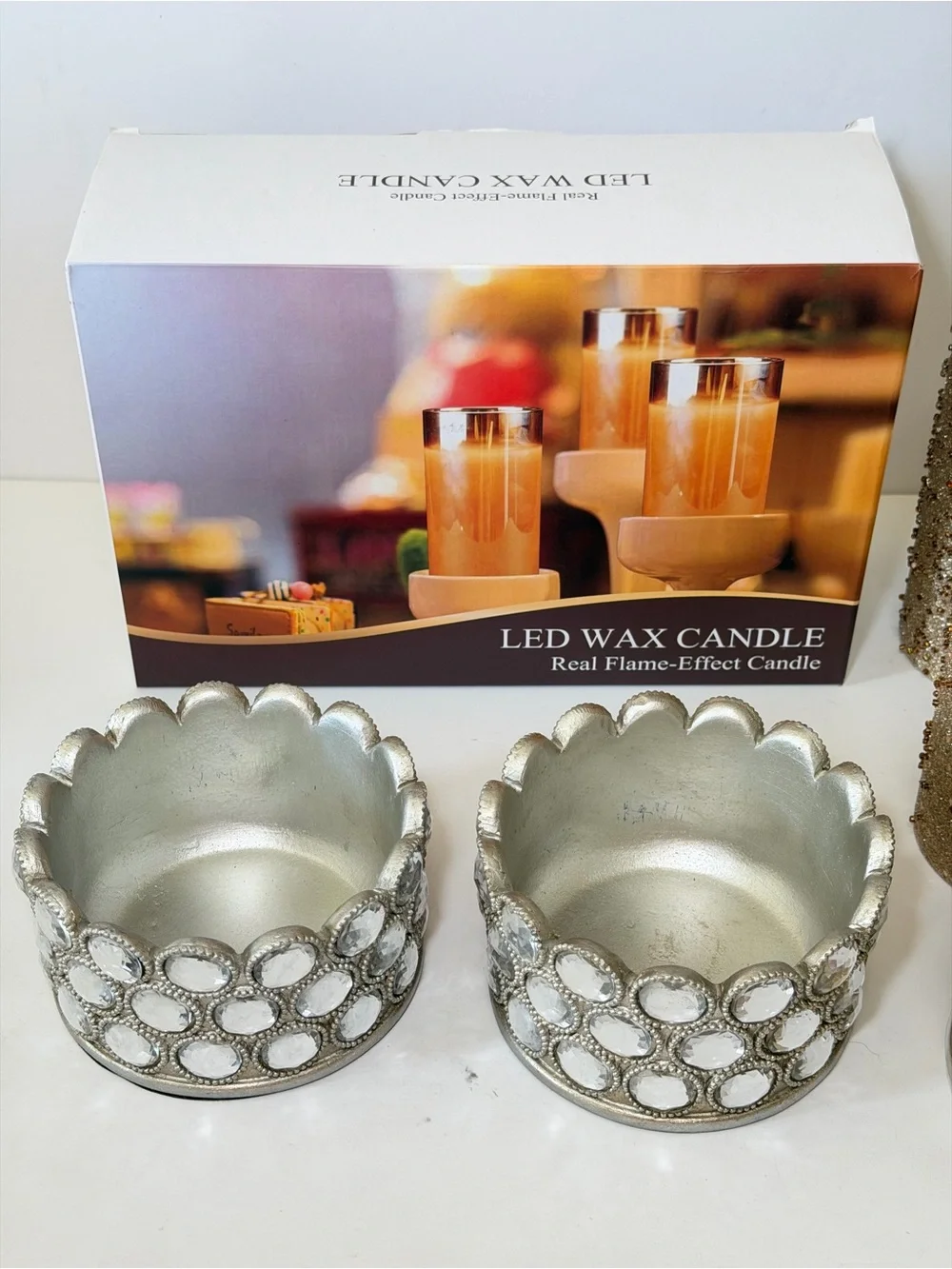 Holiday Decor Lot - 8 LED Flameless Candles and 2 Silver Crystal Holders